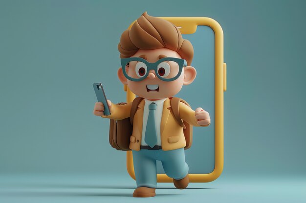 Personagem 3D emergindo de um smartphone