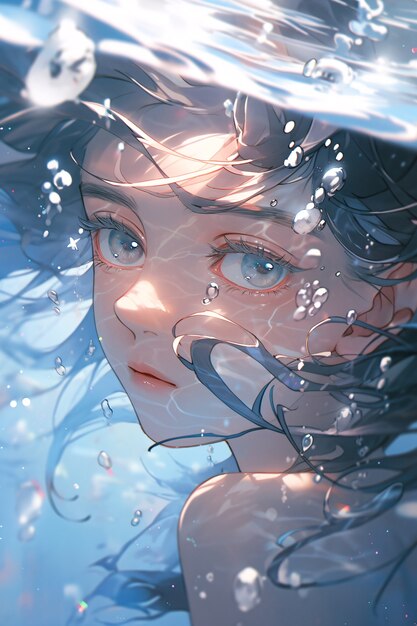 Personagem de anime feminino debaixo d'água