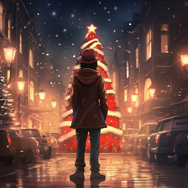 Personagem de anime na cidade na temporada de Natal