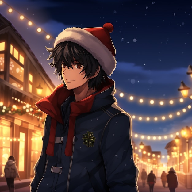 Foto grátis personagem de anime na cidade na temporada de natal