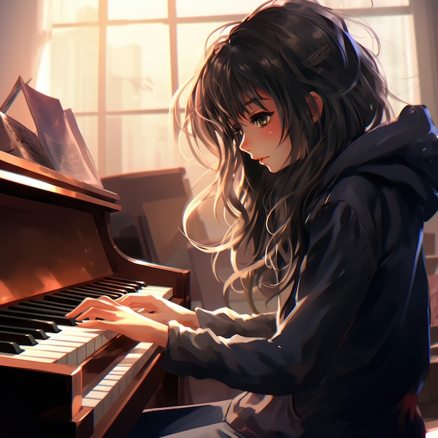 Foto grátis personagem de anime tocando piano