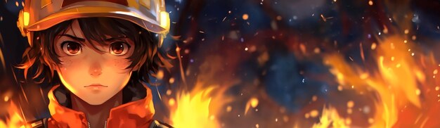 Personagem de bombeiro de estilo anime com fogo