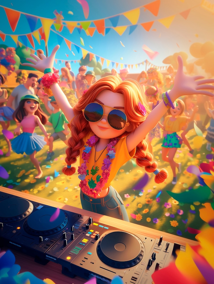 Foto grátis personagem de desenho animado 3d djing em festa
