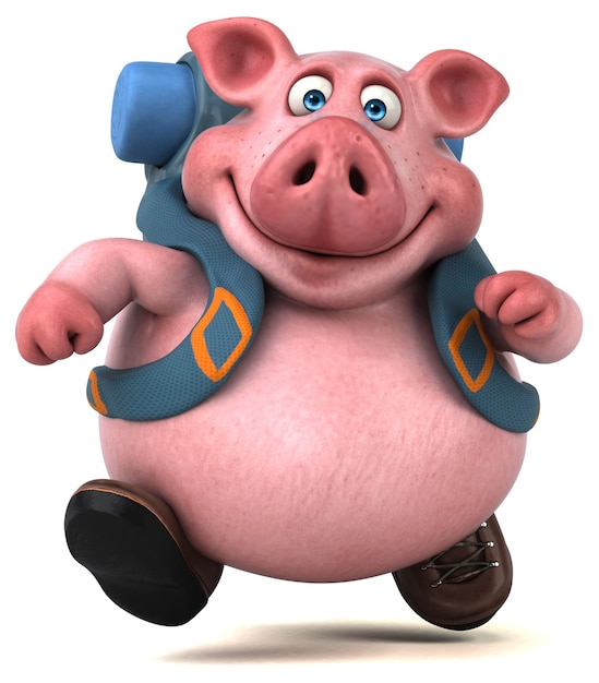 Personagem de desenho animado de porco mochileiro divertido