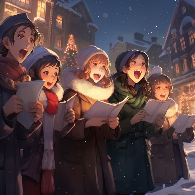 Personagens de anime na cidade na temporada de Natal
