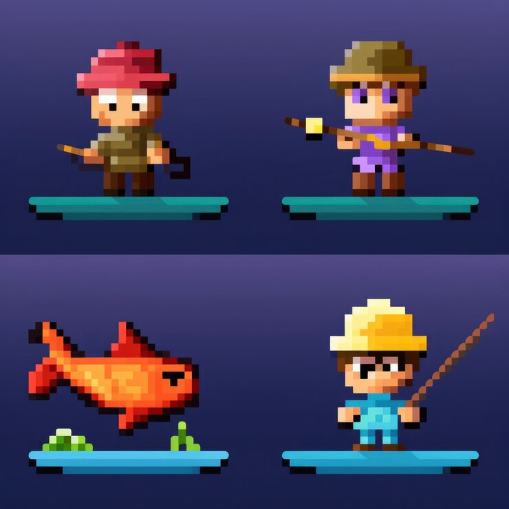 Foto grátis personagens de pescadores de 8 bits ativos de jogos