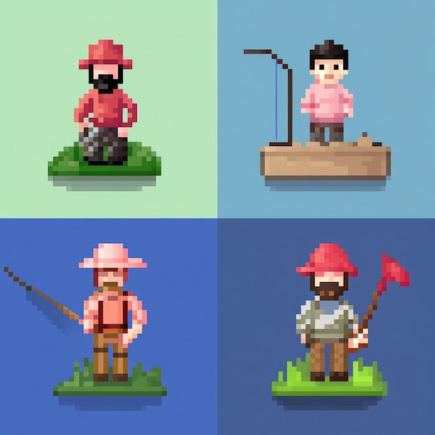 Foto grátis personagens de pescadores de 8 bits ativos de jogos