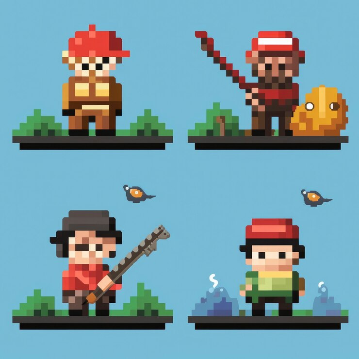 Foto grátis personagens de pescadores de 8 bits ativos de jogos