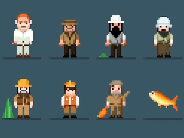 Foto grátis personagens de pescadores de 8 bits ativos de jogos