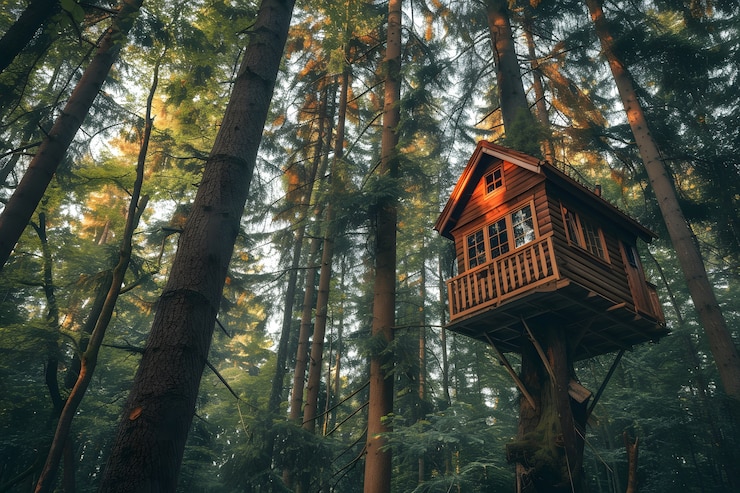 Foto grátis perspectiva de árvore com bonito dossel e casa na árvore