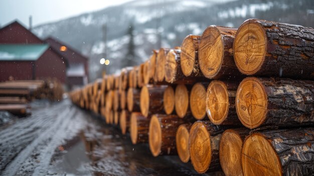 Perspectiva fotorrealista de troncos de madeira na indústria madeireira