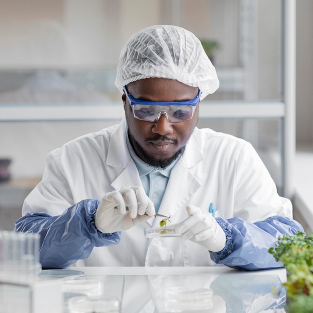 Foto grátis pesquisador masculino no laboratório de biotecnologia com placa de petri