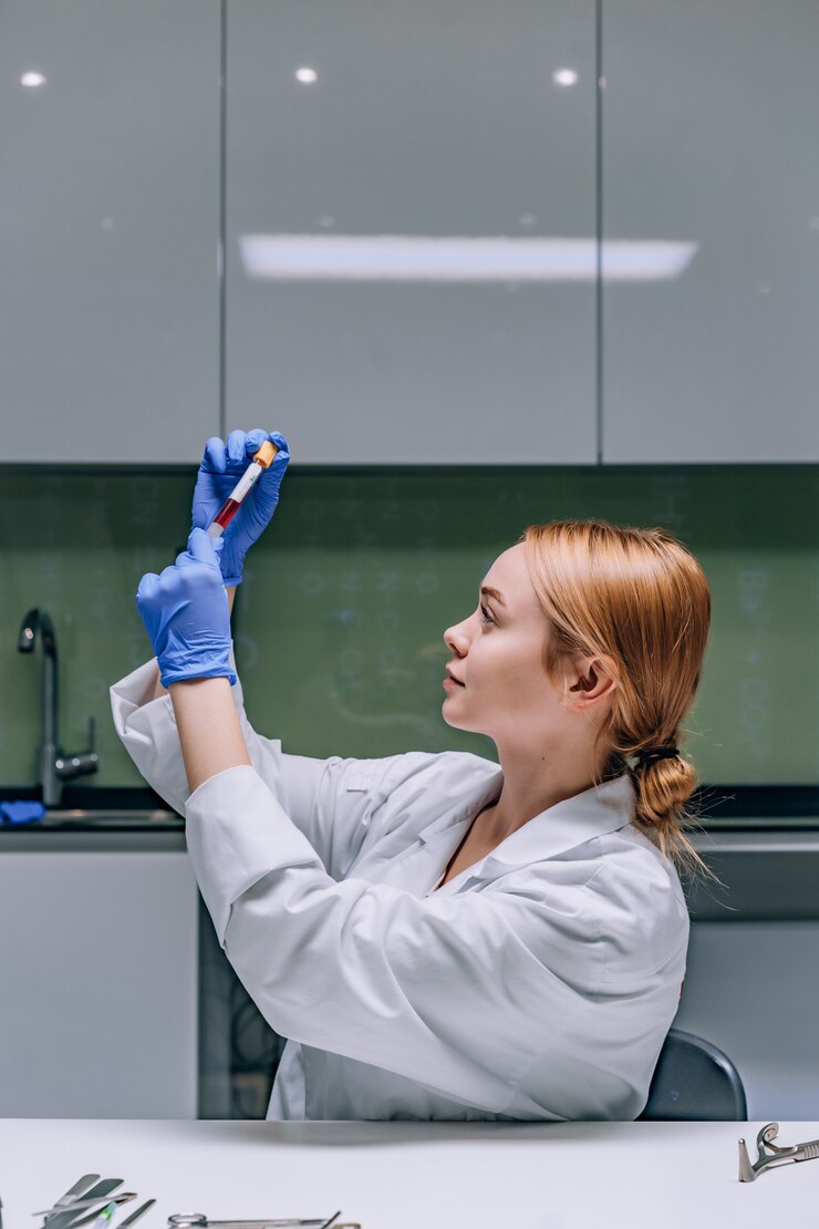 Foto grátis pesquisador médico ou científico feminino olhando para um tubo de ensaio em laboratório.