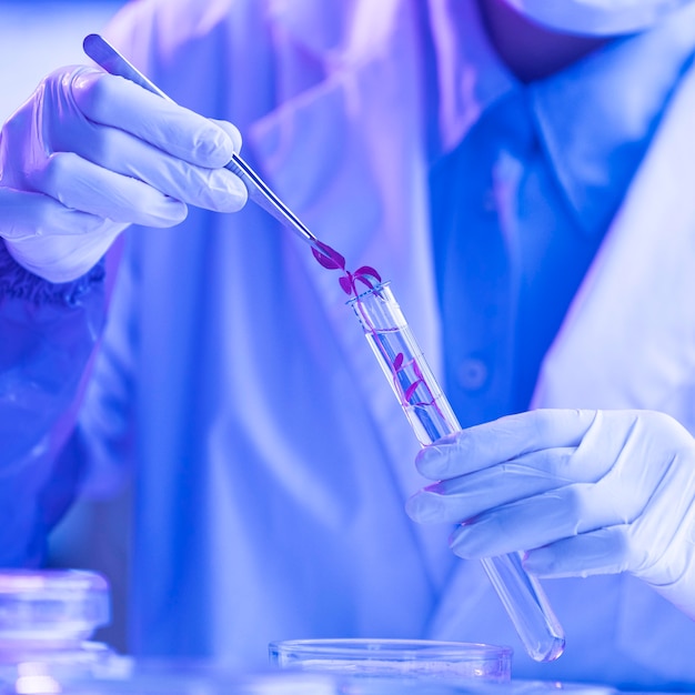 Foto grátis pesquisador no laboratório de biotecnologia com tubo de ensaio