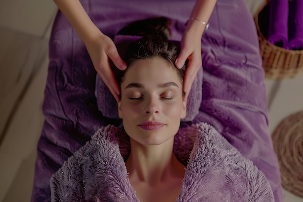 Foto grátis pessoa a desfrutar de uma massagem do couro cabeludo num spa