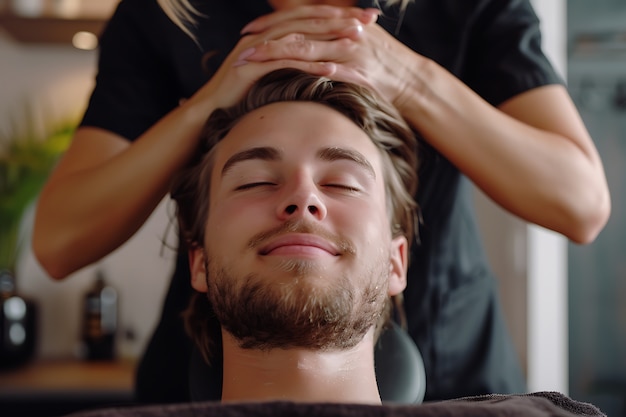 Foto grátis pessoa a desfrutar de uma massagem do couro cabeludo num spa