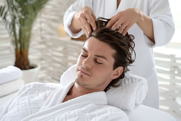 Pessoa a desfrutar de uma massagem do couro cabeludo num spa