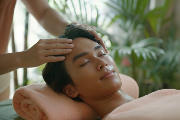 Pessoa a desfrutar de uma massagem do couro cabeludo num spa