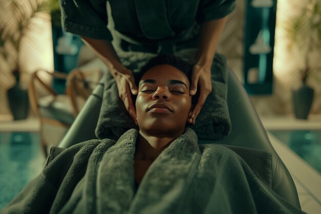 Pessoa a desfrutar de uma massagem do couro cabeludo num spa