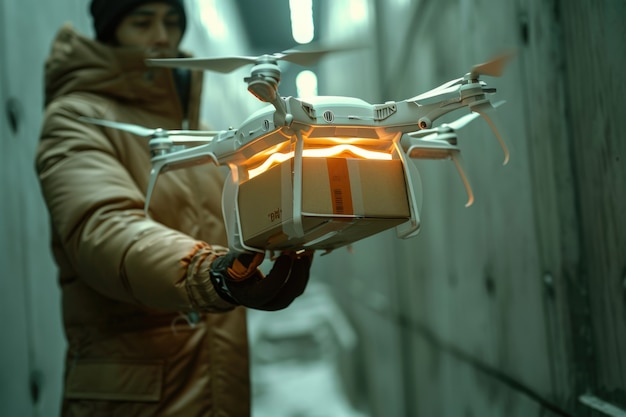 Pessoa adulta interagindo com um robô de entrega futurista