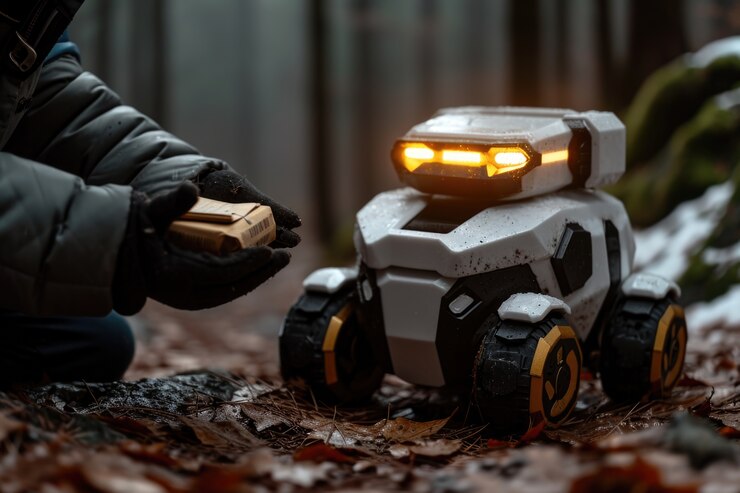Foto grátis pessoa adulta interagindo com um robô de entrega futurista