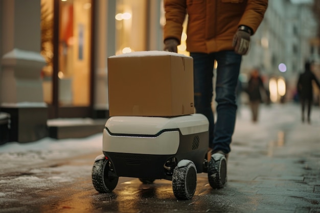 Foto grátis pessoa adulta interagindo com um robô de entrega futurista