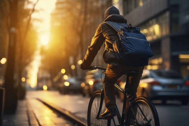 Foto grátis pessoa andando de bicicleta na cidade ao entardecer