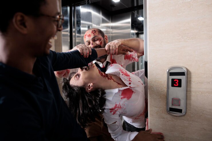 Foto grátis pessoa assustada fugindo de caminhantes do mal escapando do elevador do escritório, comendo cérebro de monstros mortos andando atacando o homem em terror e massacre. estar assustado e com medo após o ataque de zumbis sangrentos.