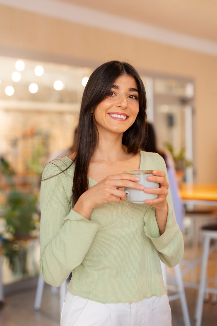 Foto grátis pessoa bebendo café na cafeteria espaçosa