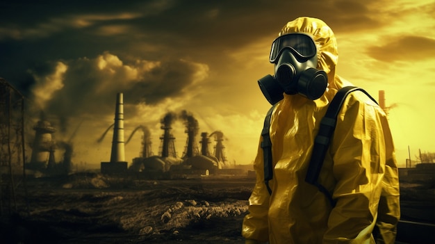 Foto grátis pessoa com materiais perigosos e máscara fora de uma usina nuclear