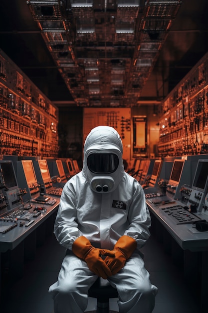 Pessoa com terno de protecção contra perigos a trabalhar numa central nuclear