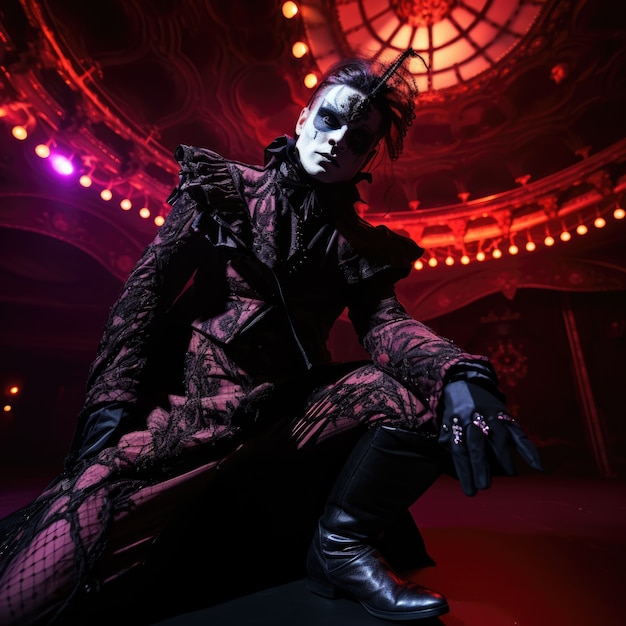 Pessoa com traje e maquiagem de estilo gótico realizando drama para o dia mundial do teatro