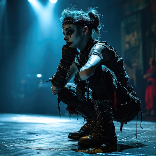 Foto grátis pessoa com traje e maquiagem de estilo gótico realizando drama para o dia mundial do teatro