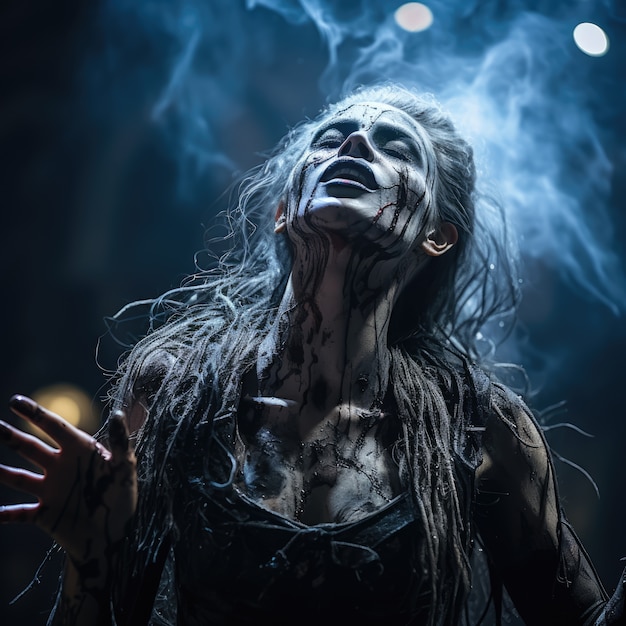 Pessoa com traje e maquiagem de estilo gótico realizando drama para o dia mundial do teatro