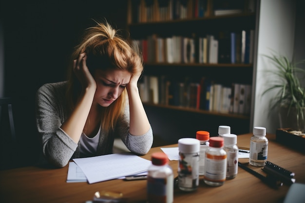 Foto grátis pessoa deprimida a olhar para os medicamentos.