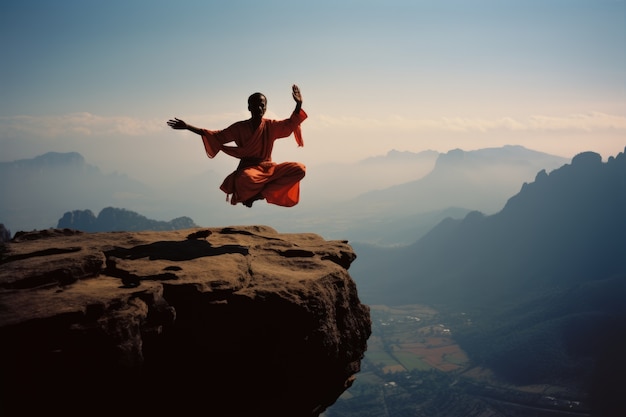 Foto grátis pessoa desafiando as leis da física levitando na atmosfera