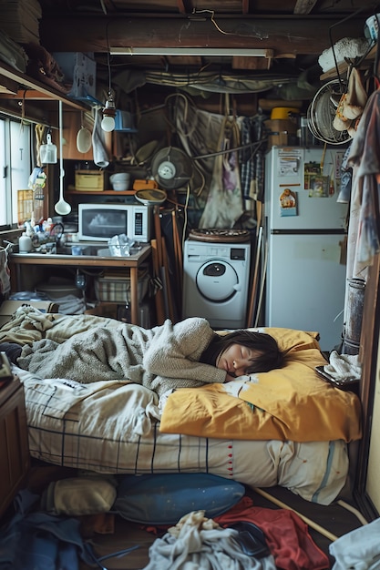 Foto grátis pessoa dormindo em uma cama em uma casa pequena