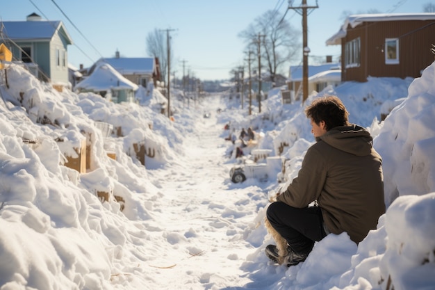 Pessoa em condições extremas de neve e inverno