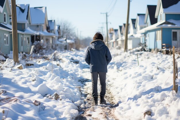 Pessoa em condições extremas de neve e inverno