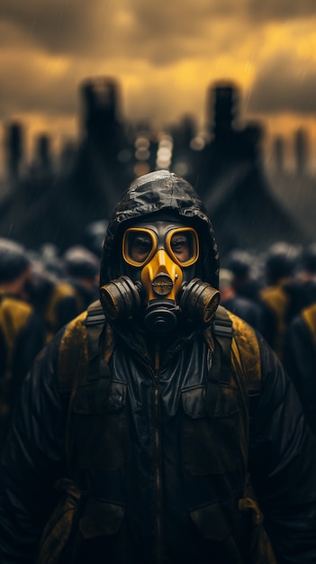 Pessoa em traje de proteção e máscara com fundo apocalíptico