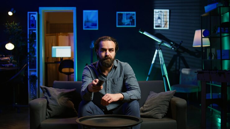 Foto grátis pessoa entediada no sofá em frente à tv zapping embora canais