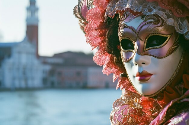 Pessoa participando do carnaval de Veneza vestindo um traje com máscara