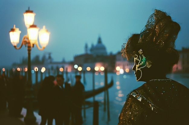 Pessoa participando do carnaval de Veneza vestindo um traje com máscara