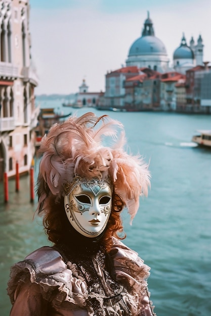 Pessoa participando do carnaval de Veneza vestindo um traje com máscara