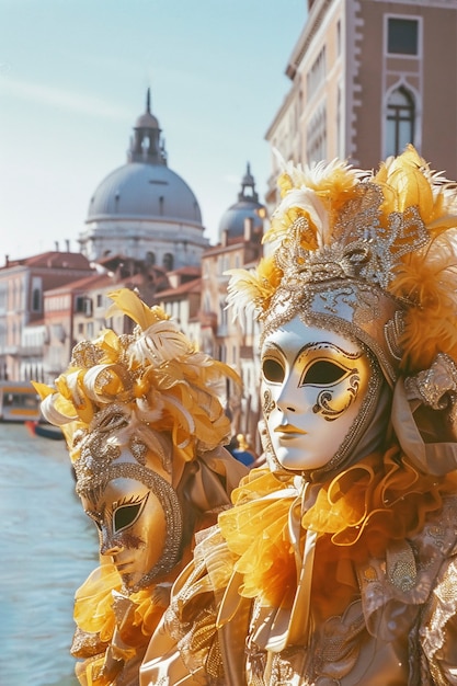 Pessoa participando do carnaval de Veneza vestindo um traje com máscara