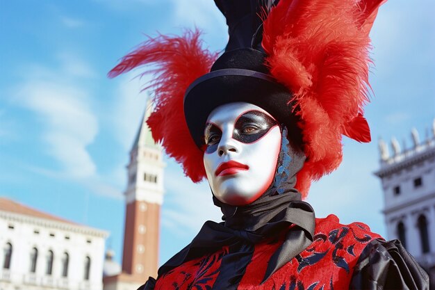 Pessoa participando do carnaval de Veneza vestindo um traje com máscara