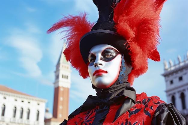 Pessoa participando do carnaval de Veneza vestindo um traje com máscara