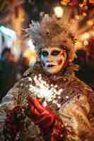 Foto grátis pessoa participando do carnaval de veneza vestindo um traje com máscara