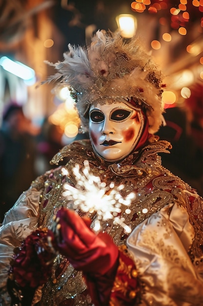 Pessoa participando do carnaval de Veneza vestindo um traje com máscara