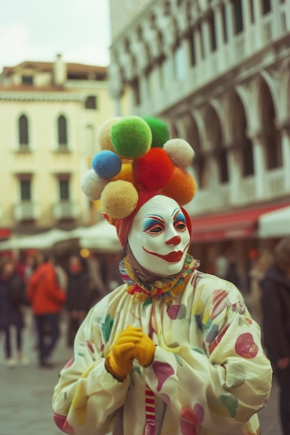 Foto grátis pessoa participando do carnaval de veneza vestindo um traje com máscara